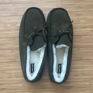 Lands End Men's Olive Suede Sherpa Lined Slippers Men’s size 15